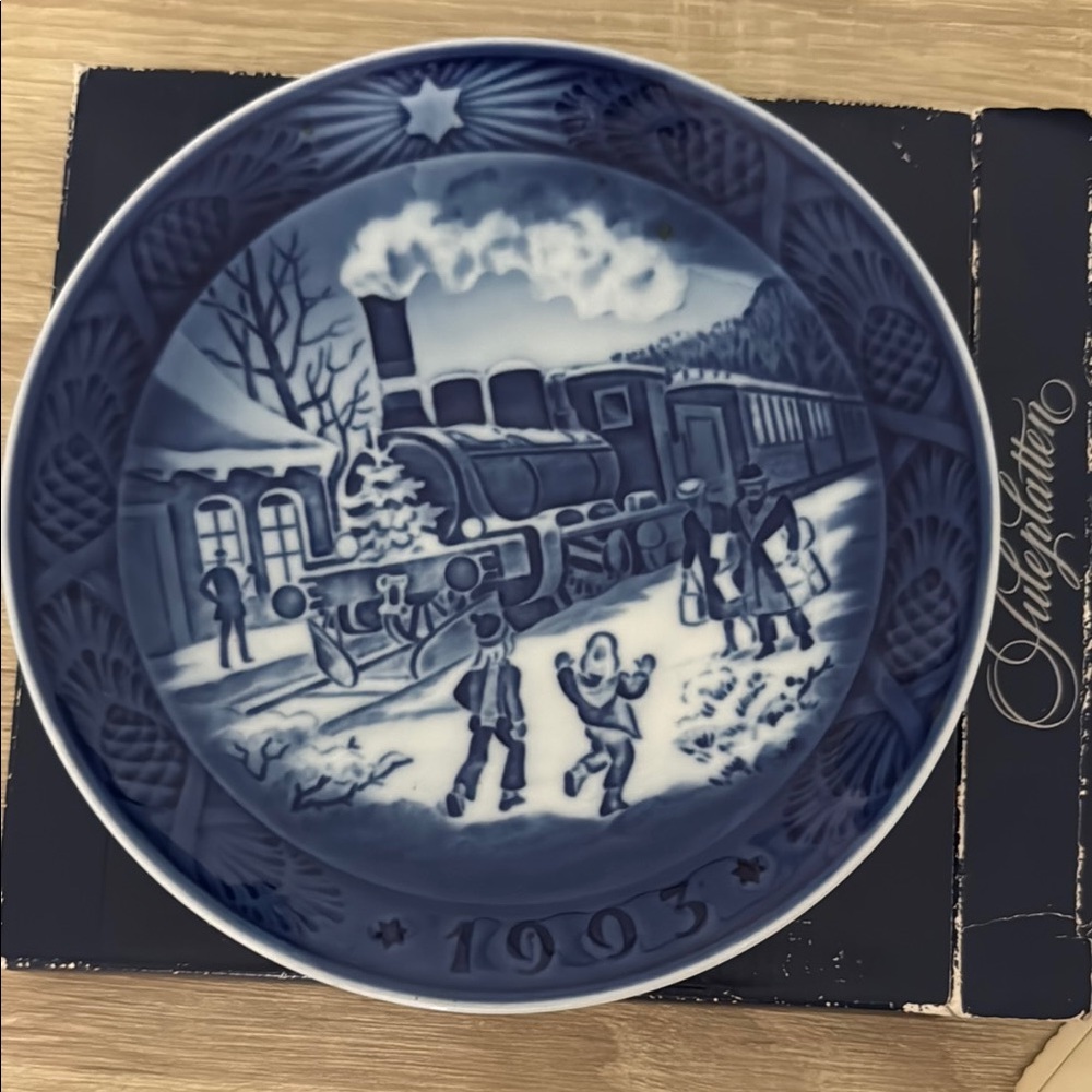 Blue Decorative Plate with Train Scene
